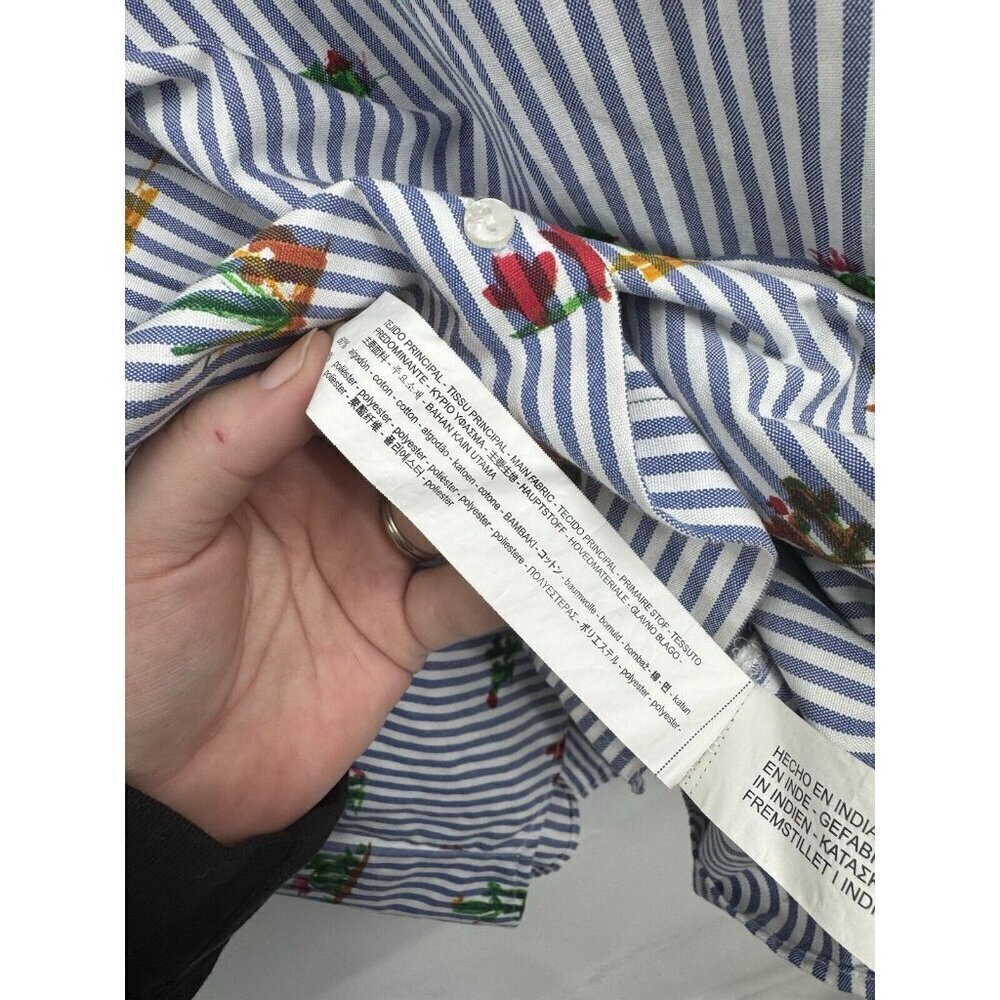 Zara Trafaluc Shirt Women XS Blue Striped Button Front Novelty Cactus Print - Picture 8 of 8